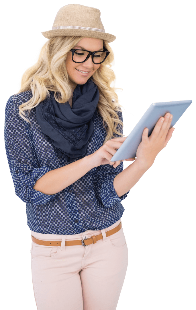 Trendy Blonde Woman in Hat Using Tablet on Transparent Background