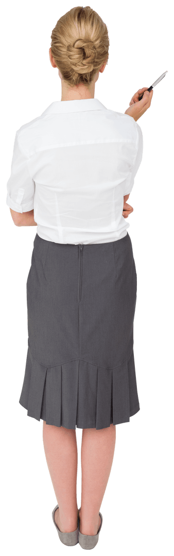 Back View of Businesswoman Holding Pen on Transparent Background