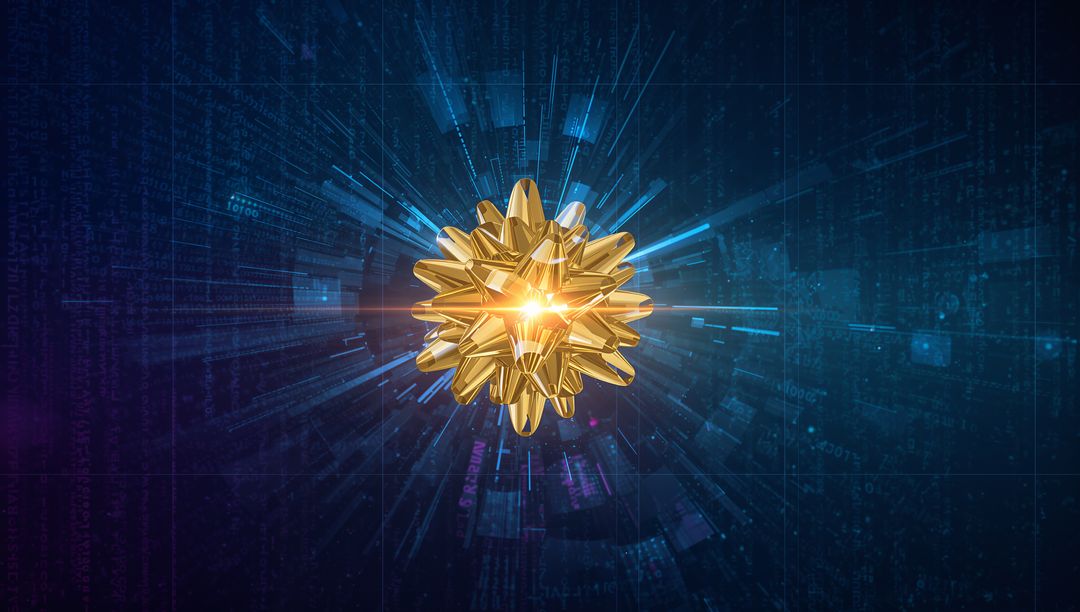 Glowing Golden Polyhedron Floating in Futuristic Cyberspace