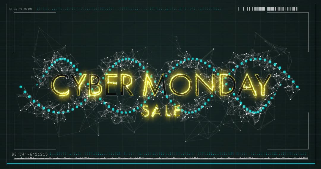 Neon Cyber Monday Sale HUD Banner with Futuristic Network and Glowing Waveform