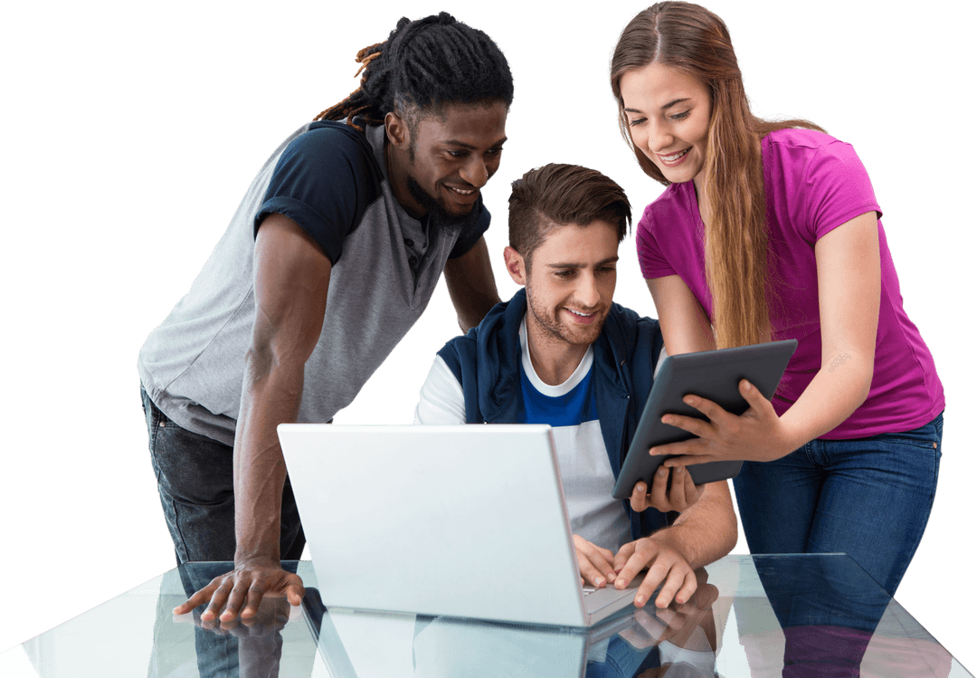 Diverse Creative Team Engaging with Digital Technology on Transparent Desk