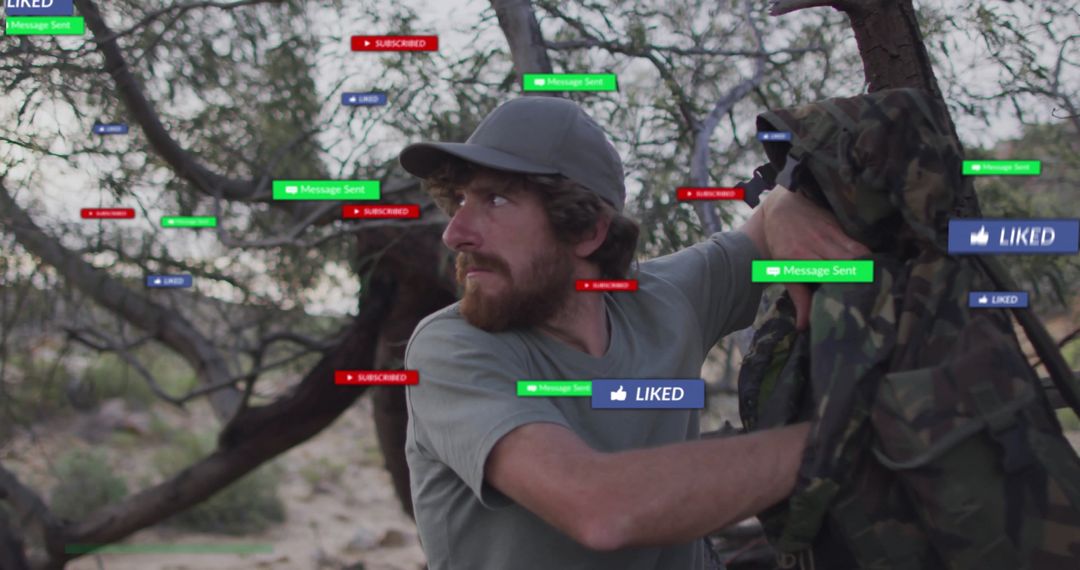 Rugged Adventurer Among Social Media Icons in Wilderness
