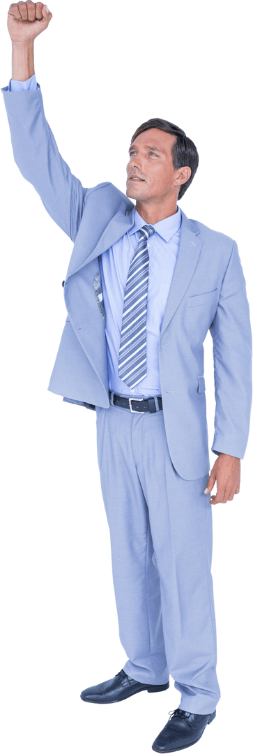 Transparent Businessman in Suit with Raised Hand in Triumph