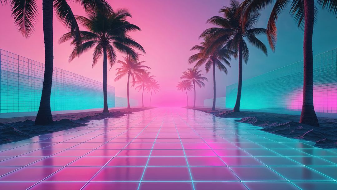 Futuristic Neon Pathway with Palm Trees Under Gradient Sky