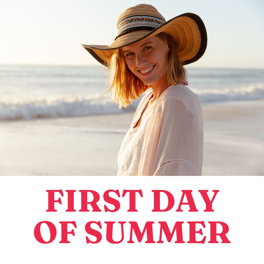 Smiling Woman in Sun Hat Enjoying First Day of Summer on Beach - Download Free Stock Templates Pikwizard.com