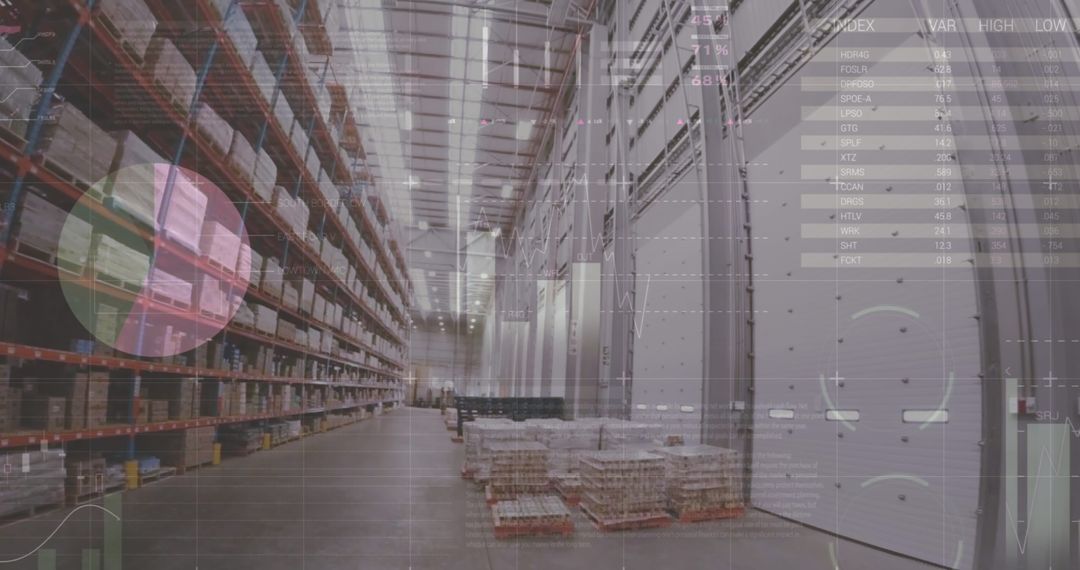 Warehouse with Digital Data Overlay of Global Shipping Insights