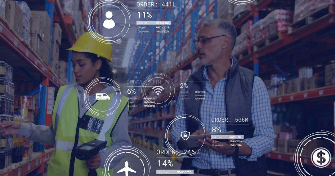 Warehouse Workers Analyzing Supply Chain Data Visualization Technology