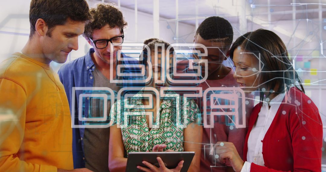 Diverse Team Collaborating on Big Data Project in Modern Office