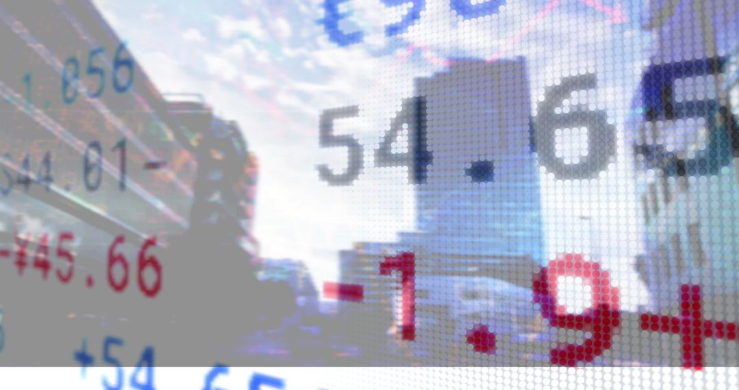 Digital Financial Data Overlaying Cityscape Illustrating Global Markets