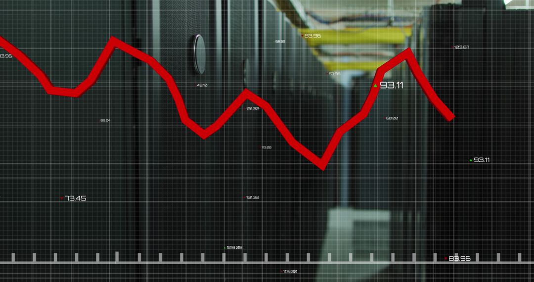 Red Decline Line with Data Overlapping Server Room Background