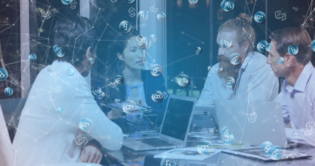 Global Business Team Discussing Blockchain Investment Strategies with Digital Symbols