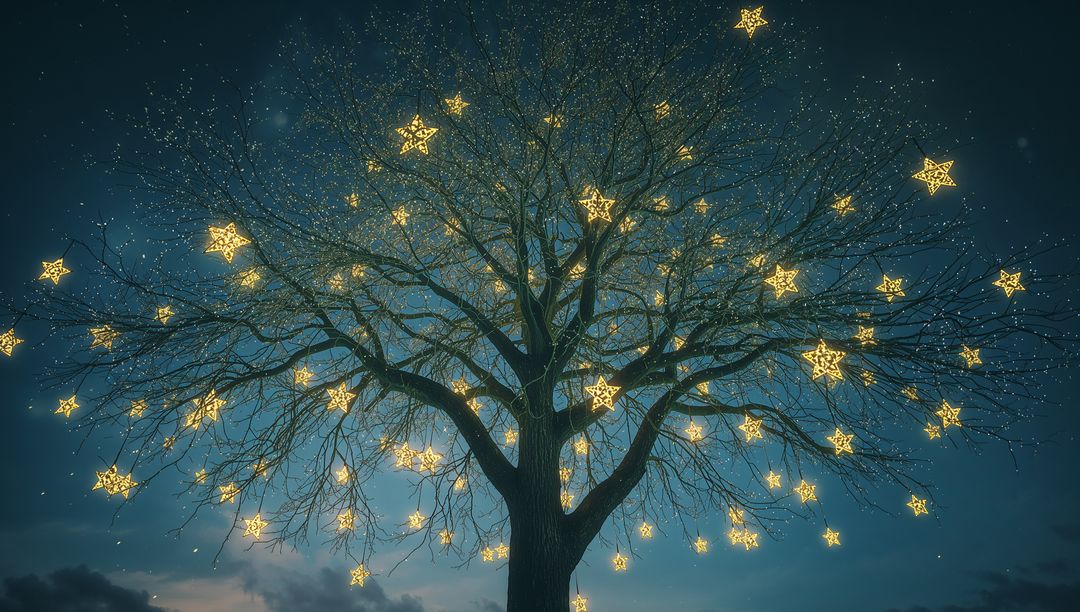 Enchanting Tree Illuminated by Star Lanterns at Dusk