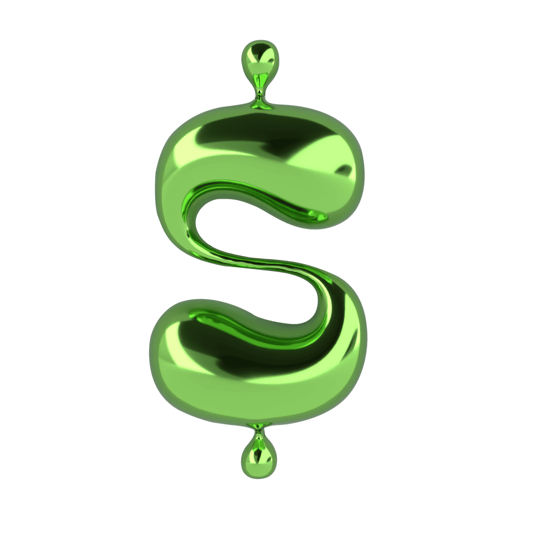 Green Liquid-Metal S Shape Shining in Transparent Background