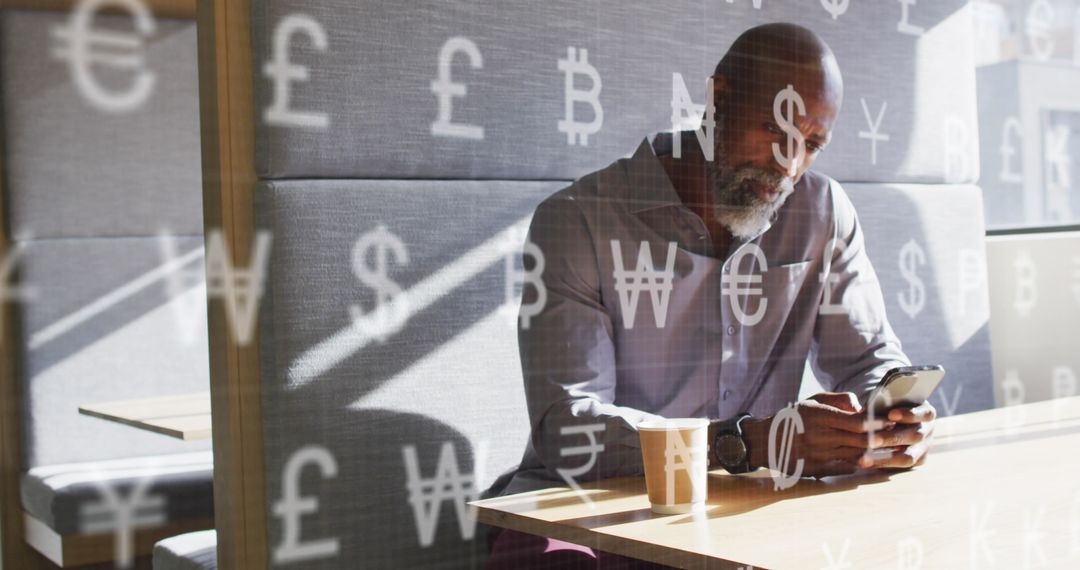 Businessman Analyzing Data on Smartphone with Currency Symbols