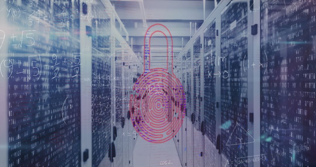 Cyber Security Icon Overlaying Server Room with Equations. Data Protection Concept
