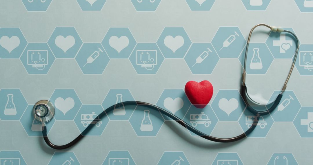 Stethoscope and Heart Symbolizing Healthcare with Digital Interface Overlay