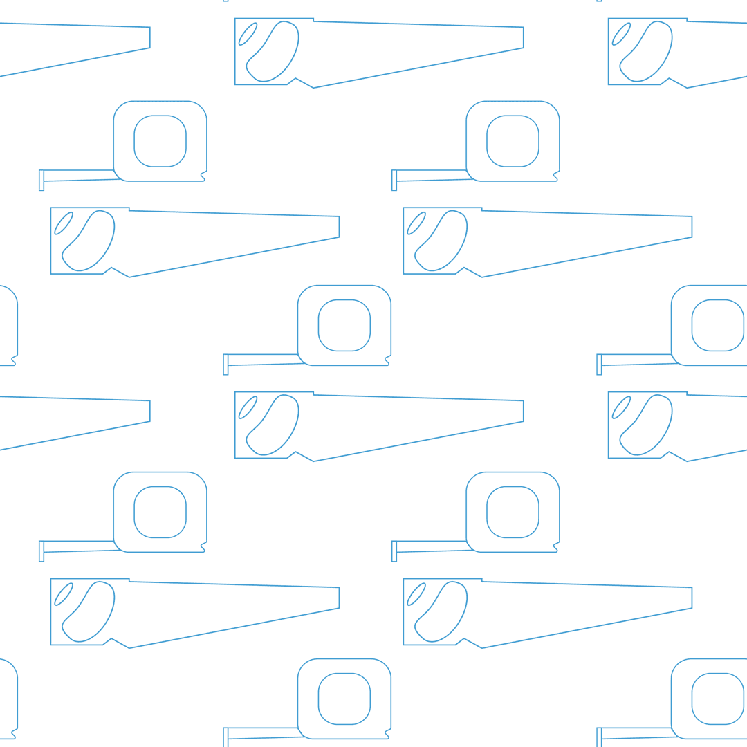 Transparent pattern of tape measures and hand saws in blue
