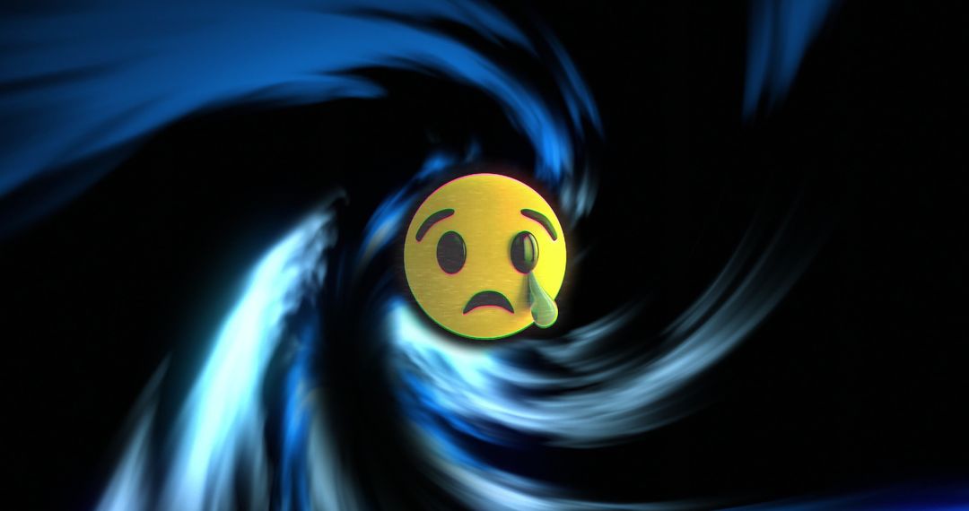 Sad Face Emoji with Tear Over Swirling Colorful Vortex