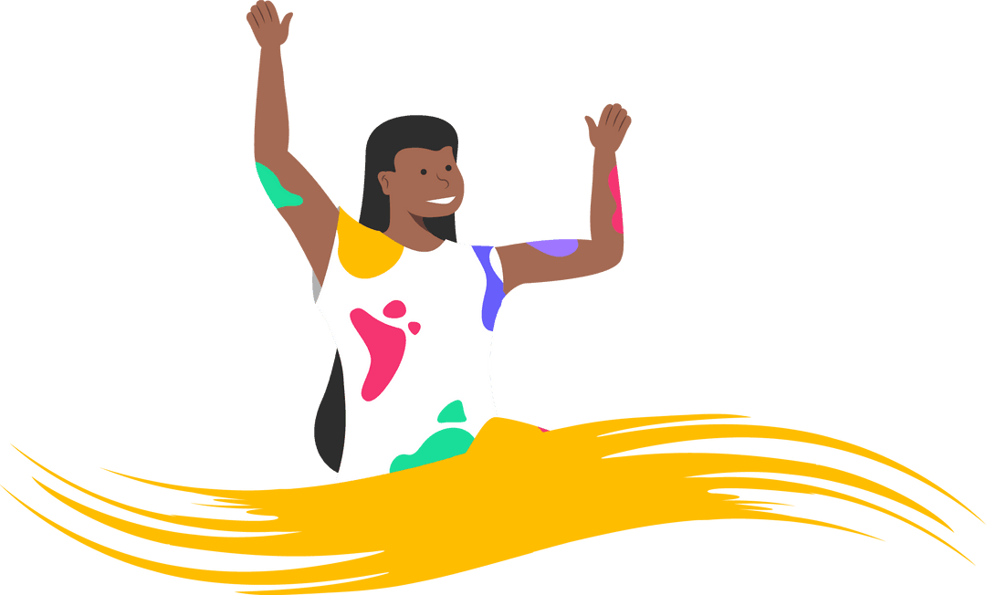 Energetic Woman Emerging from Yellow Brushstroke with Transparent Background