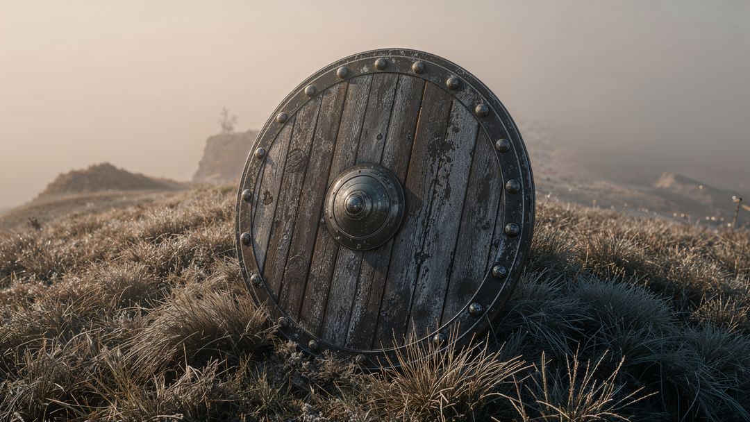 Rustic Medieval Shield in Frosty Misty Landscape