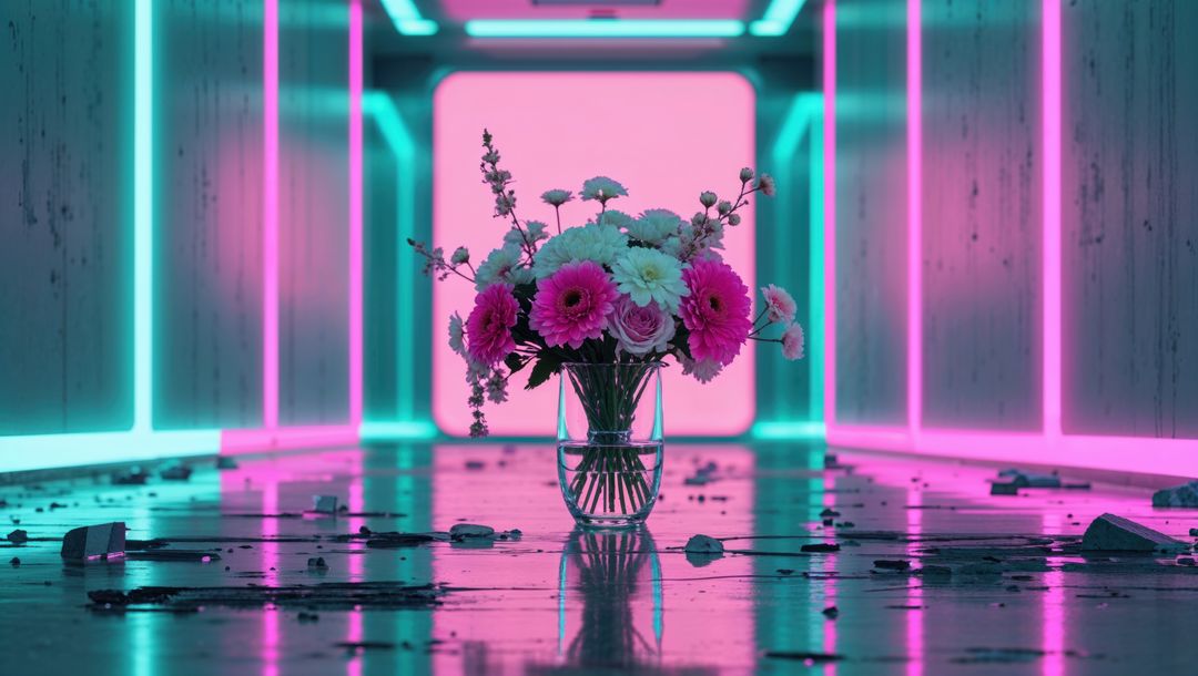Vibrant Flowers in Neon Lit Futuristic Corridor