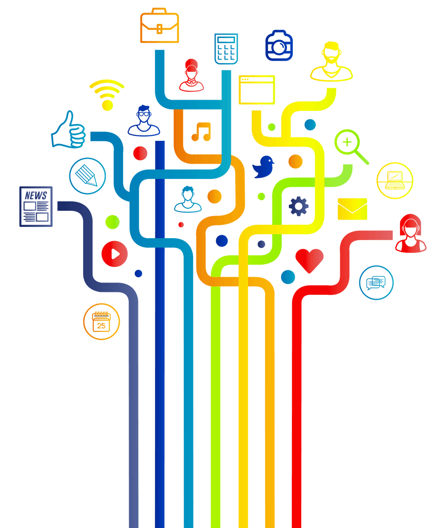 Colorful Network of Digital Icons on Transparent Background