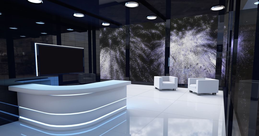 Futuristic Office Reception with Digital Firework Display