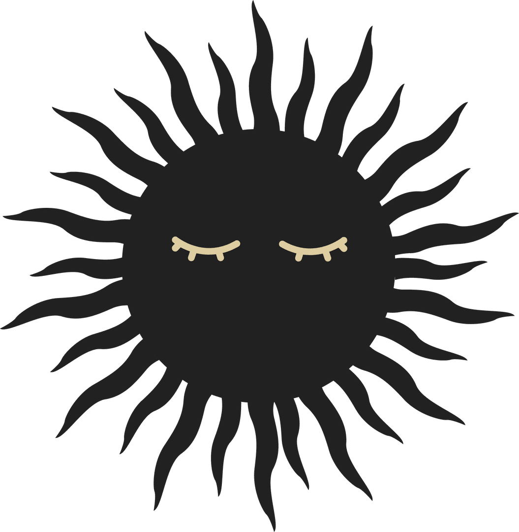 Stylized Abstract Sun with Wavy Rays and Closed Eyes on Transparent Background