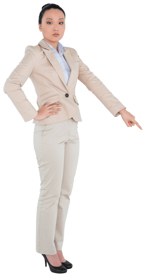 Serious Asian Businesswoman Pointing with Purpose Transparent Background