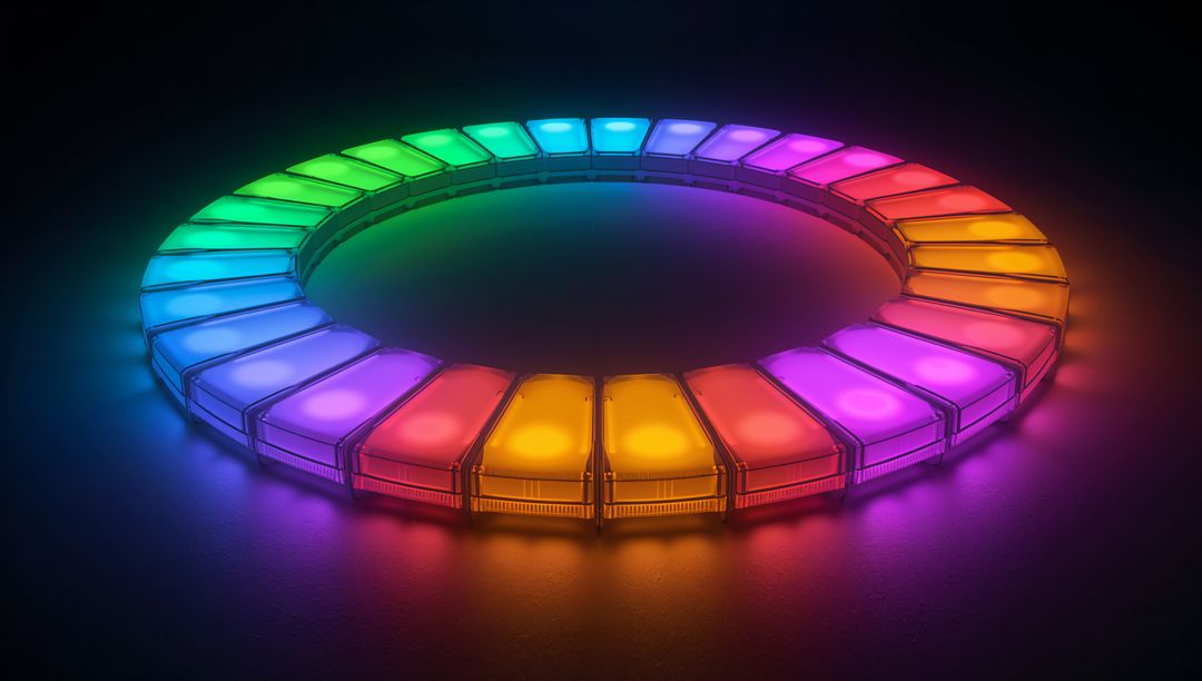 Glowing LED Ring Emitting Rainbow Spectrum on Dark Surface with Frosted Modules
