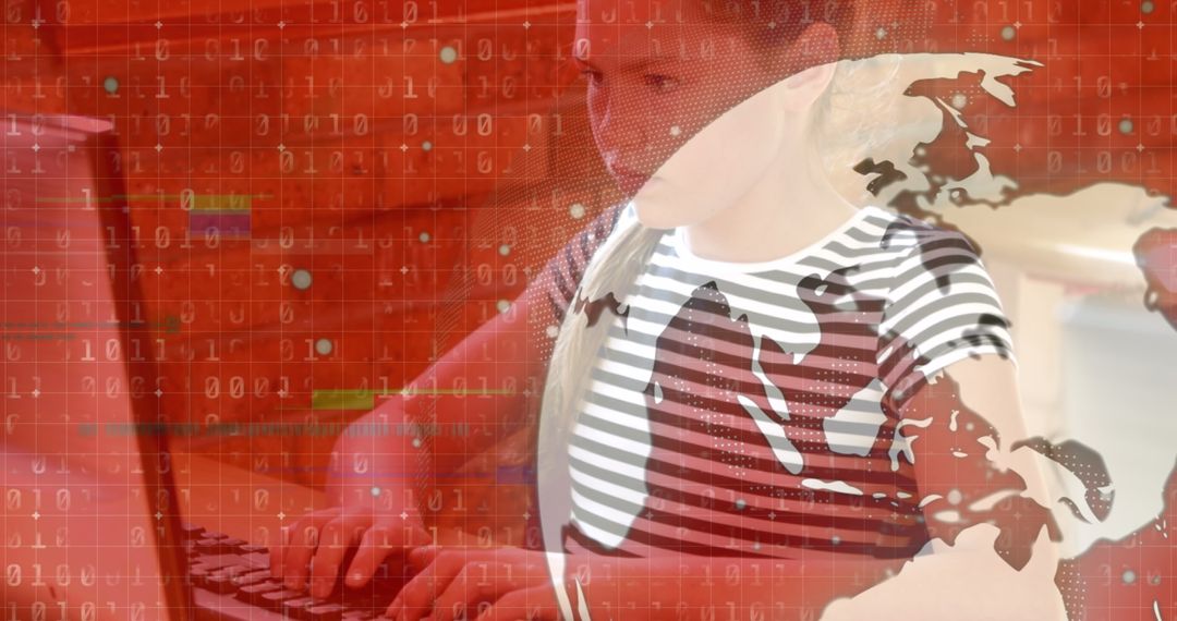 Schoolgirl Engaged in Digital Learning Amidst Data Overlay Globe