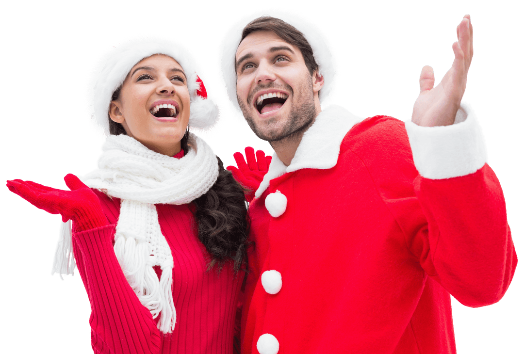 Joyful Caucasian Couple in Santa Hats on Transparent Background