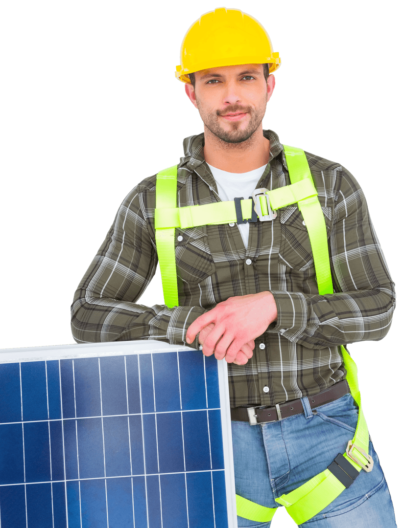 Transparent image of worker standing with solar panel confidently