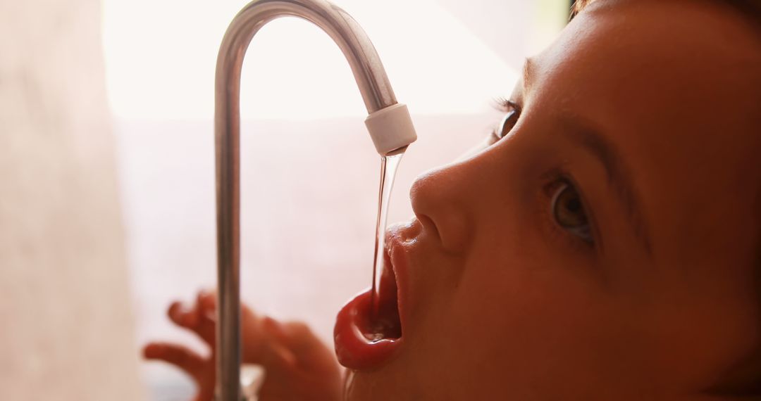 Young Girl Drinking Water from Tap at Home - Free Images, Stock Photos and Pictures on Pikwizard.com