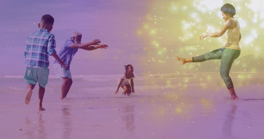 Joyful Family Playing on Beach with Magical Sparkles