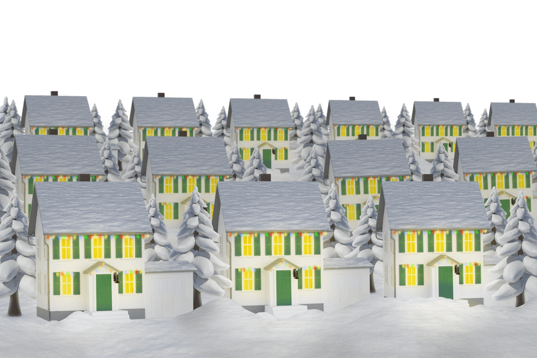 Winter Cottages on Snowy Hill with Transparent Background
