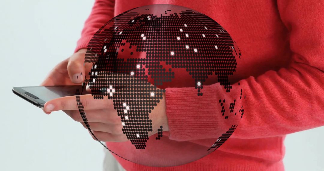 Man Interacting with Digital Globe Using Smartphone in Studio