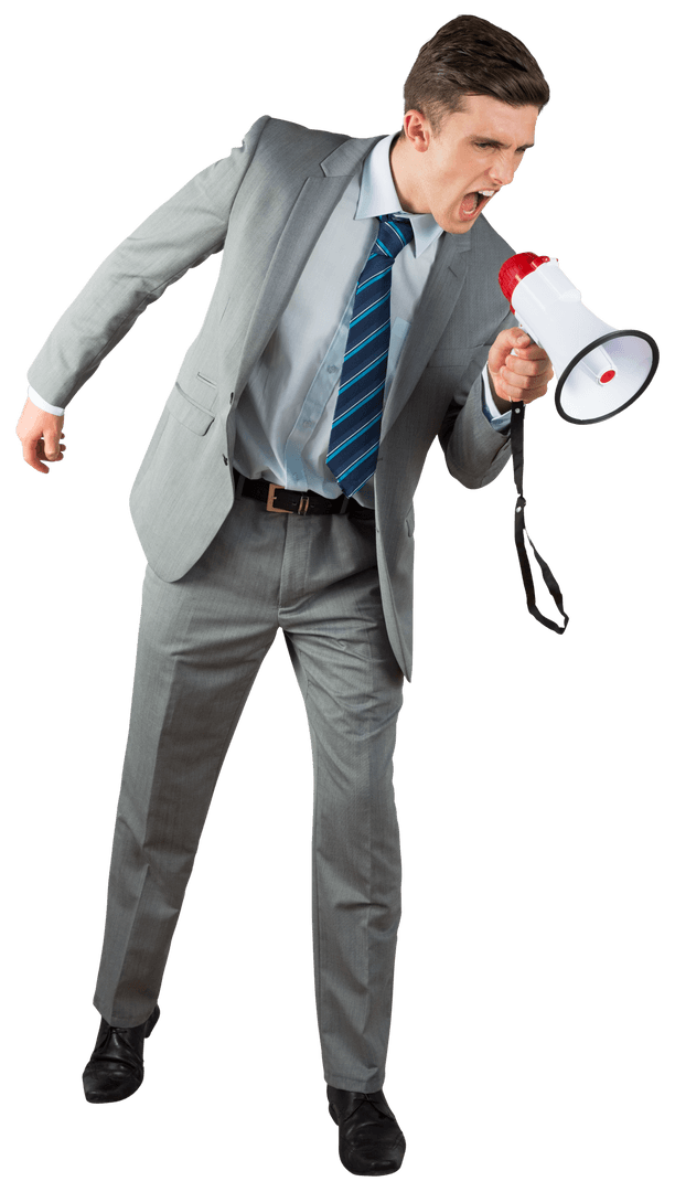 Stressed Businessman Shouting Through Megaphone on Transparent Background