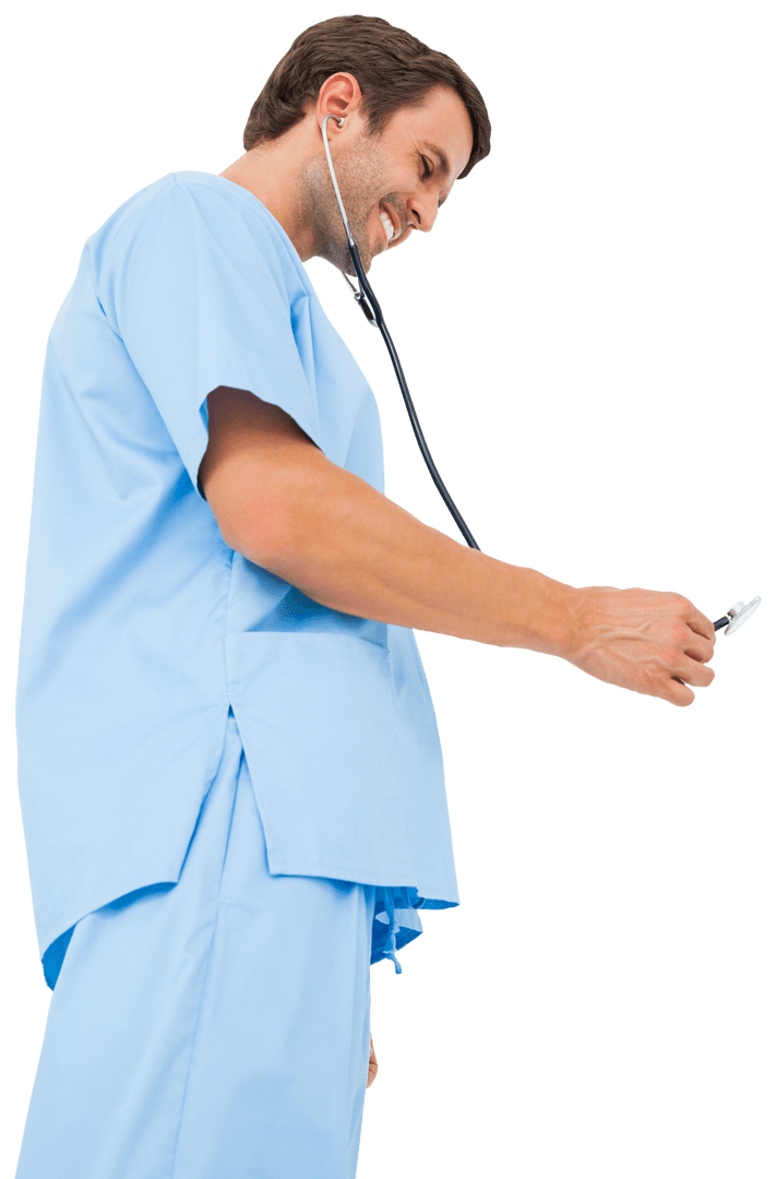 Transparent Smiling Surgeon in Blue Scrubs Using Stethoscope