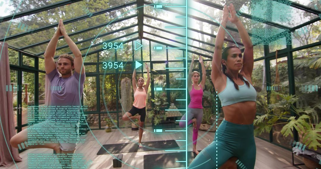 Group Practicing Yoga in Glass Greenhouse with HUD Fitness Overlay, Tree Pose Focus