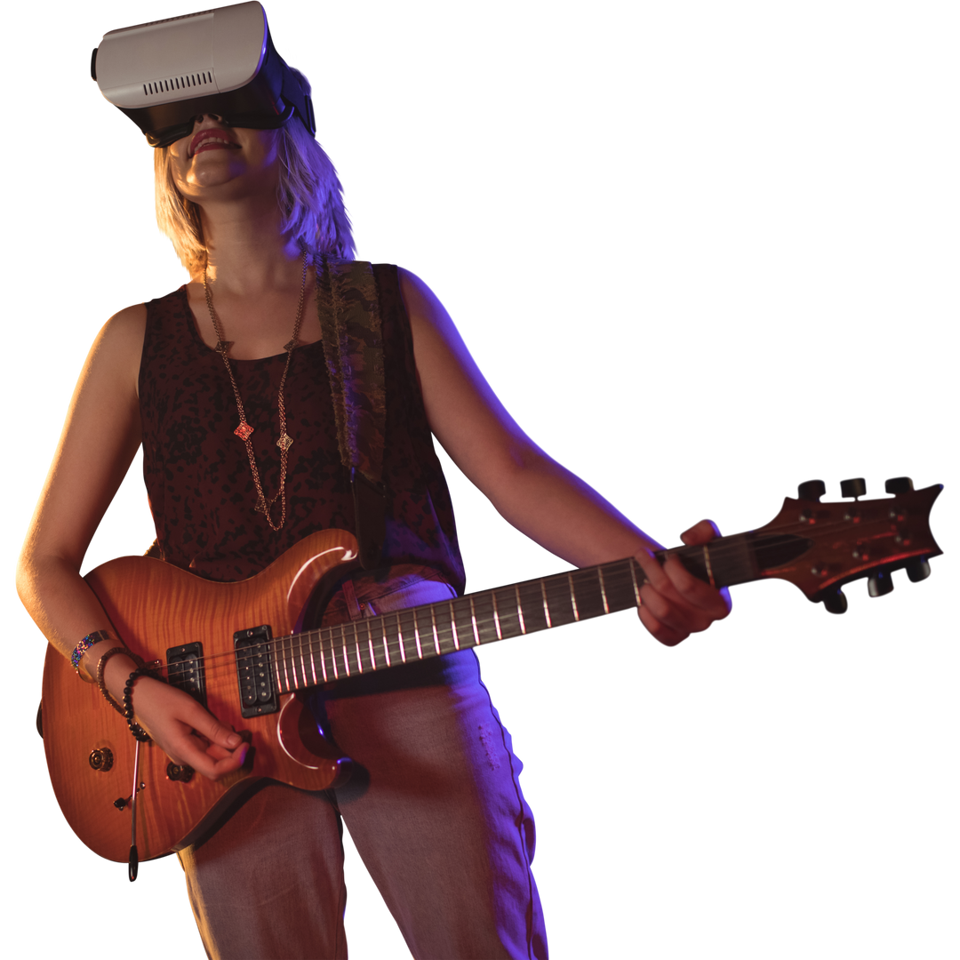 Woman Playing Guitar with Virtual Reality Headset, Transparent Background Rock Music - Download Free Stock Images Pikwizard.com