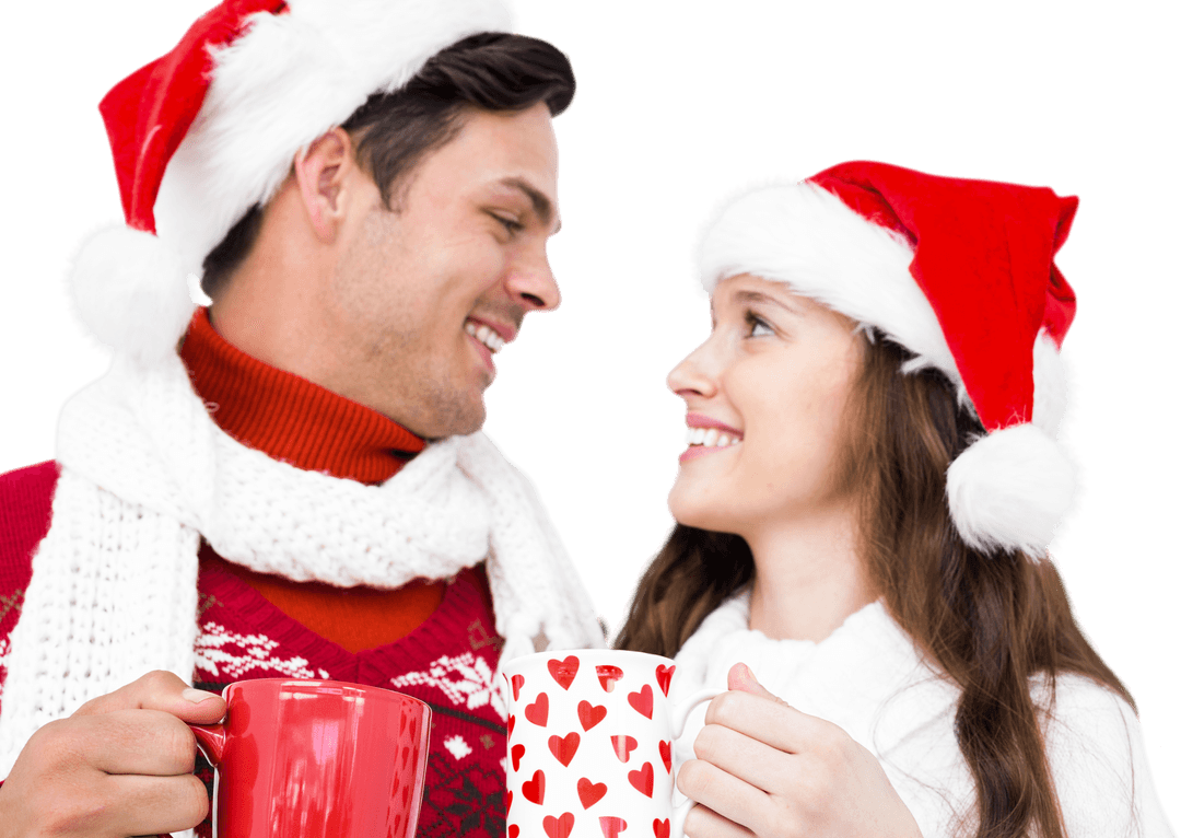 Cheerful Couple in Santa Hats Enjoying Coffee on Transparent Background