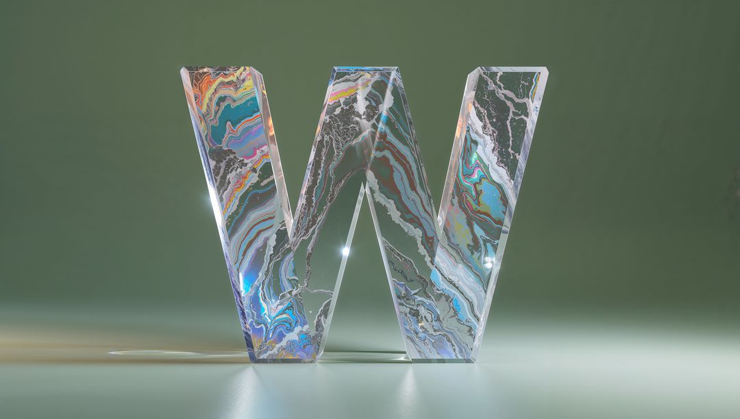3D Glass-like Letter W with Swirling Color Patterns