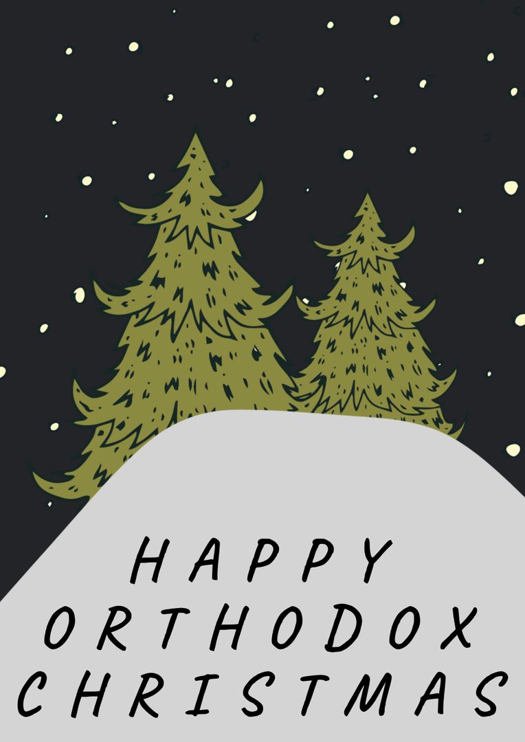 Illustration of happy orthodox christmas text with spruce trees in winter night, copy space - Free Images, Stock Photos and Pictures on Pikwizard.com