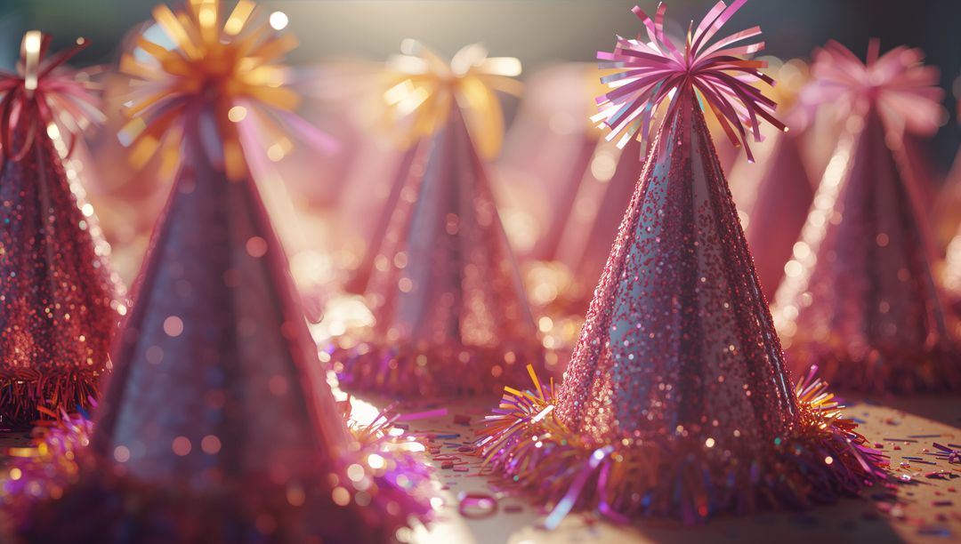Glittery Pink Party Hats with Metallic Confetti for Festive Celebrations