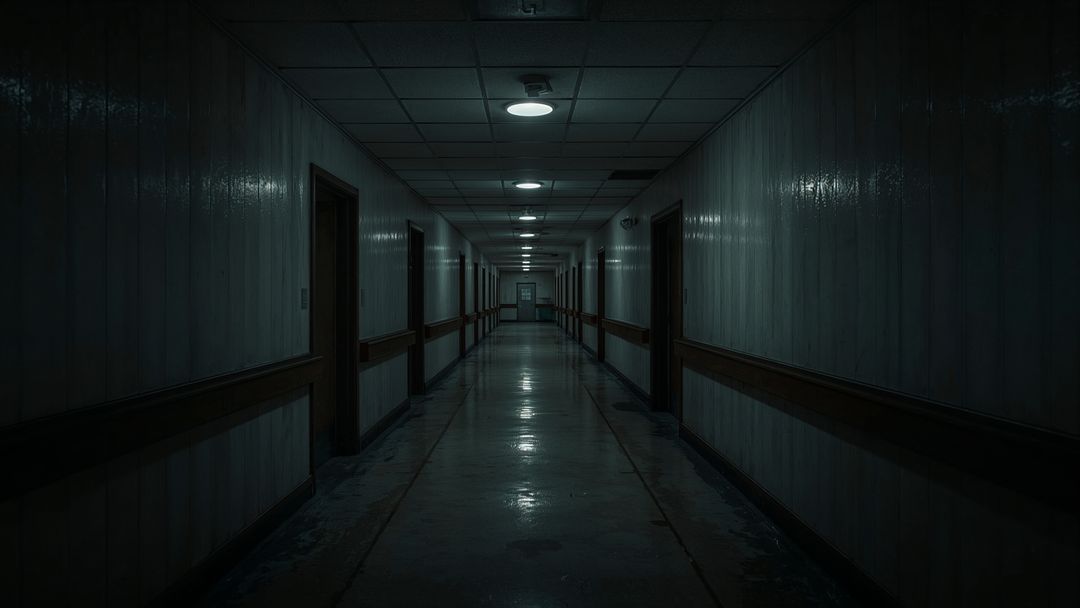 Dimly Lit Empty Corridor with Illuminated Ceiling