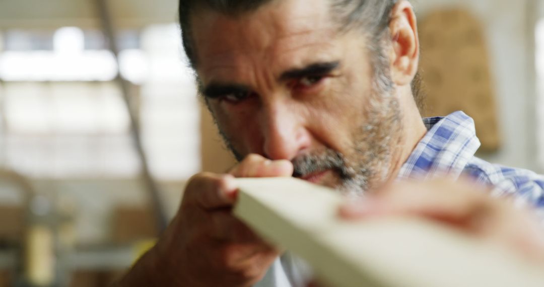 Carpenter Intensively Examining Wooden Board in Workshop - Free Images, Stock Photos and Pictures on Pikwizard.com