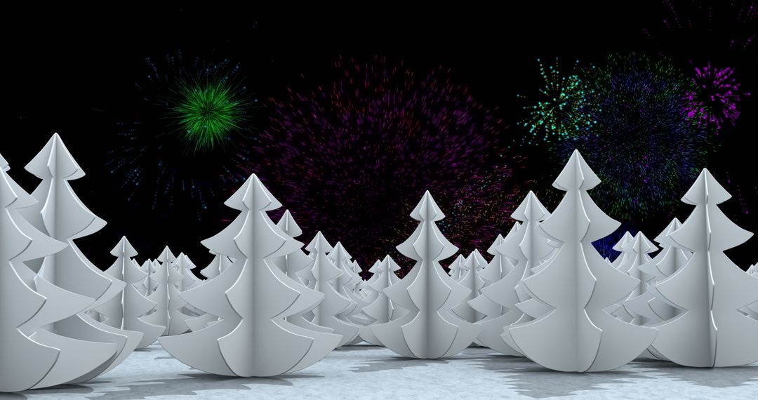 Vibrant Fireworks Over White Trees Celebrating New Year