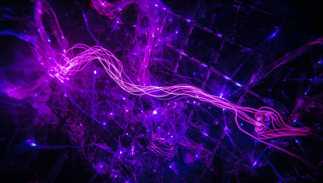 Flowing Neon Light Trails Against a Digital Mesh Backdrop