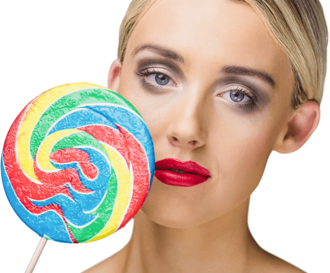 Transparent Portrait of Model with Bright Rainbow Lollipop